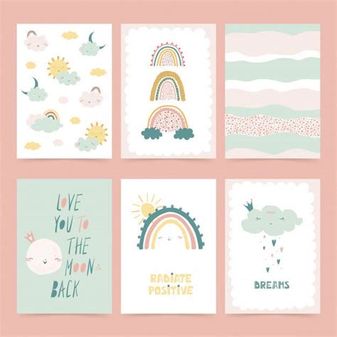 Four Greeting Cards With Rainbows Clouds And Sun In Pastel Colors On