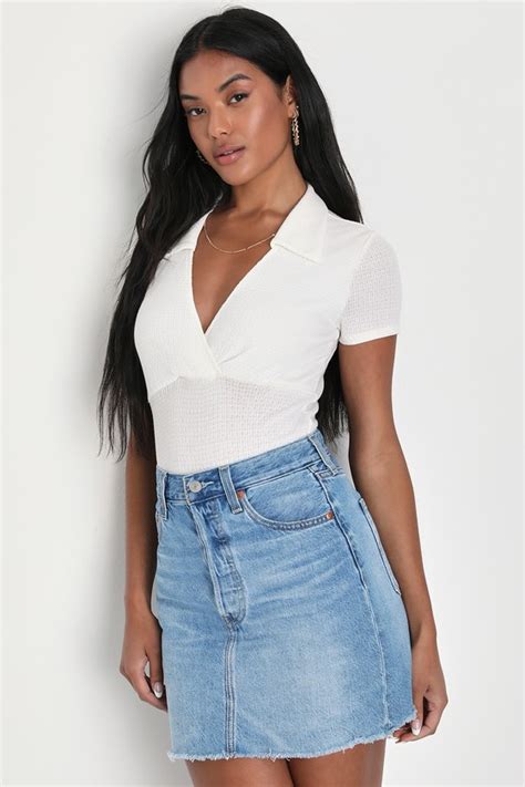 White Knit Bodysuit Short Sleeve Bodysuit Collared Bodysuit Lulus