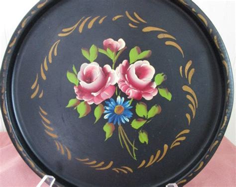 Vintage Toleware Tole Tray Aqua Blue Metal Floral Roses Hand Painted