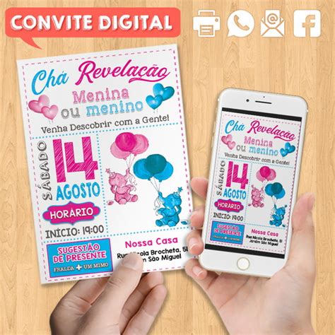 Convite Digital Ch De Revela O Elefante Rosa E Azul Elo