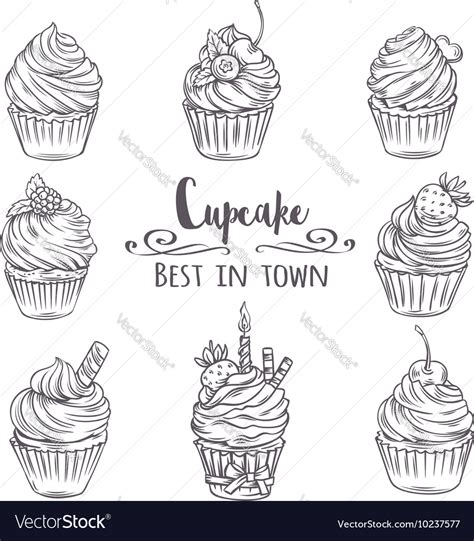 Set Decorative Hand Drawn Cupcakes Royalty Free Vector Image