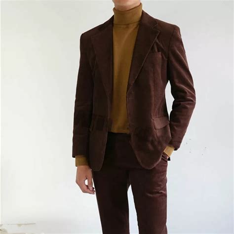 Custom Made Brown Corduroy Men Suits Wide Notch Lapel Wedding Slim Fi