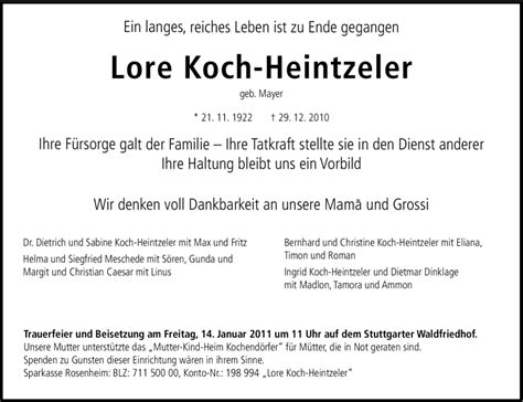 Traueranzeigen Von Lore Koch Heintzeler Stuttgart Gedenkt De