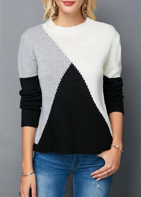 Long Sleeve Round Neck Color Block Knitting Sweater Полосатые свитера