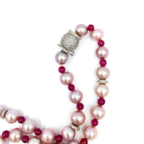 Cultured Freshwater Pink Pearl And Ruby Bead Necklace At 1stdibs Pink