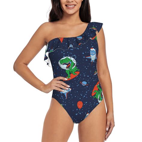 Easygdp Dinosaur Astronaut Space Surfing Women S One Shoulder Ruffle