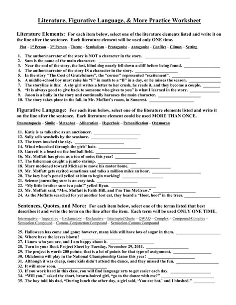 Literature Figurative Language And More Practice Worksheet Answer