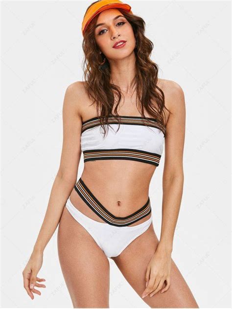 16 OFF 2021 High Cut Striped Bandeau Bikini Set In WHITE ZAFUL