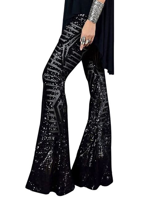 Evaless Women Sequin Pants Sparkly Glitter High Waisted Wide Leg Flare