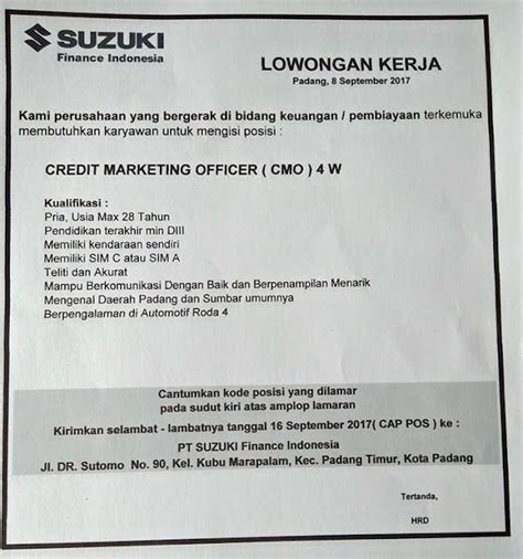 Lowongan Kerja PT Suzuki Finance Indonesia September 2017