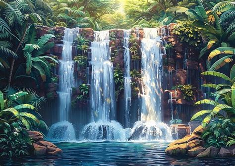 Premium Photo | A painting of a waterfall with a waterfall and tropical ...