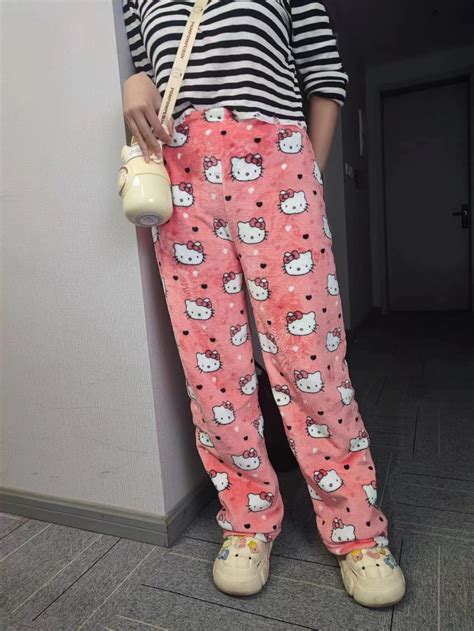 Sanrio Hello Kitty Pants Girl Y2k Paiamas Women Autumn Winter Warm Flannel Sleepwear Trendy