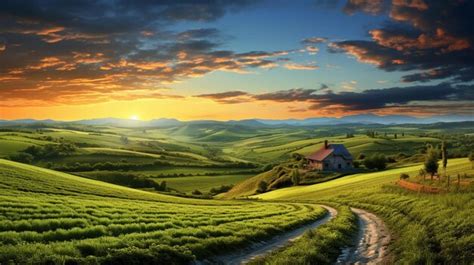 Premium Photo | Sunset Over A Farm With A Dirt Road Leading To A House