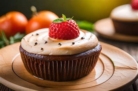 Un Cupcake Con Glaseado De Queso Crema Y Una Fresa Encima Foto Premium