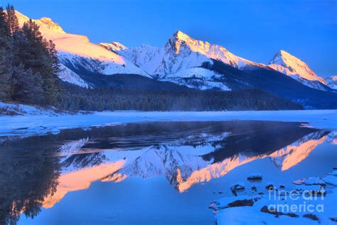 Maligne Lake Winter Pink Peaks Photograph by Adam Jewell - Fine Art America