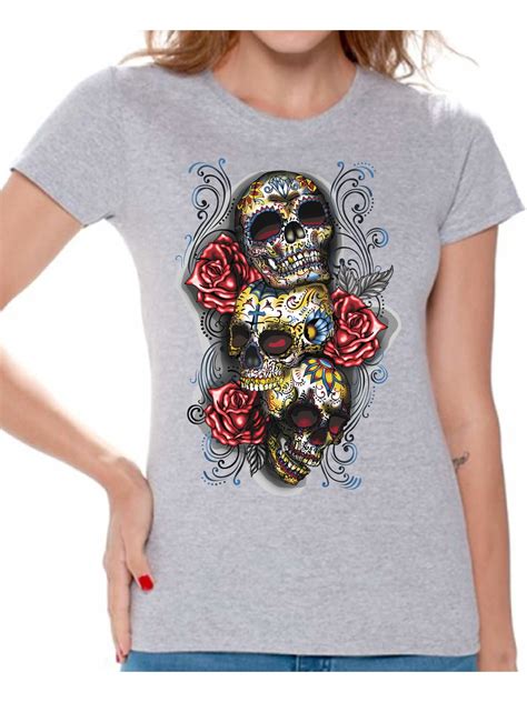 Sugar Skull Graphic Short Sleeve Skulls With Flowers Casual O Neck Tee Tops For Female Knits