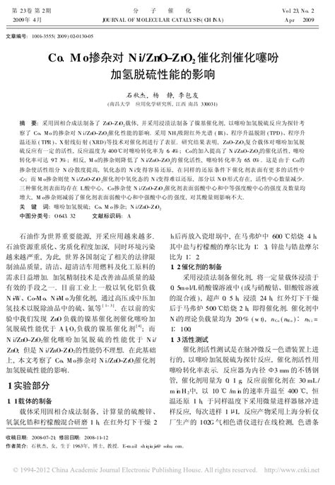 Co Mo掺杂对ni Zno Zro 2催化剂催化噻吩加氢脱硫性能的影响 Word文档在线阅读与下载 无忧文档