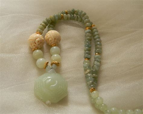 Carved Jade Pendant W Jade Aquamarine Beads Necklace Beaded