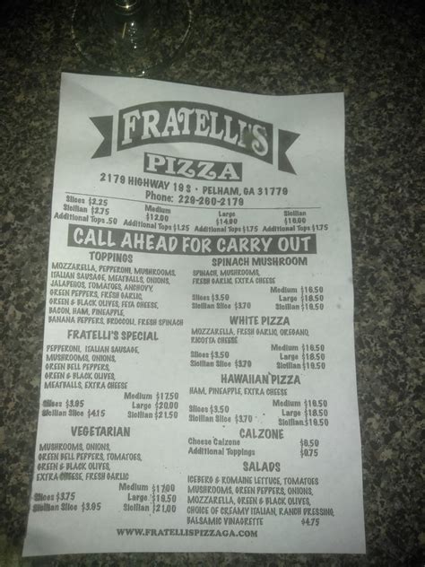 Menu at Fratelli's Pizza pizzeria, Pelham