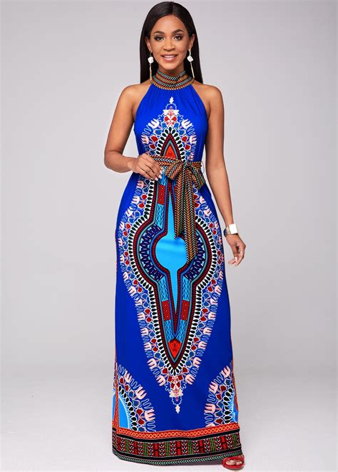 Belted Dashiki Print Bib Neck Maxi Dress Rosewe Usd