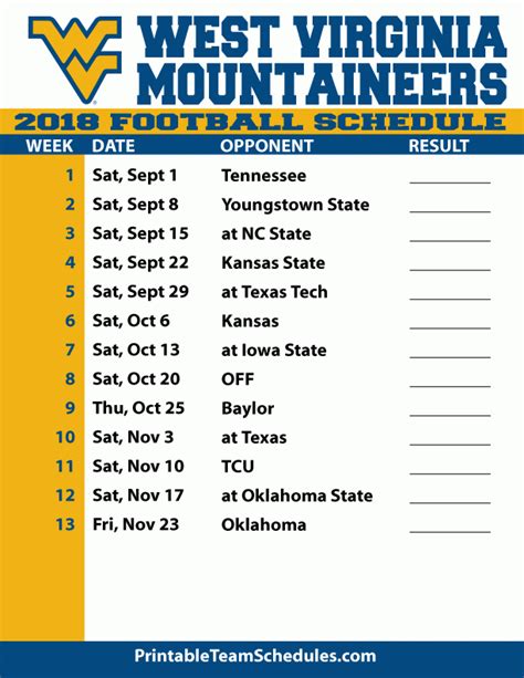 2022 Wvu Football Schedule Printable - Printable Schedule