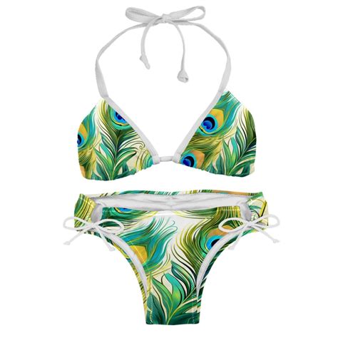 Peacock Feathers Adjustable Strap Detachable Sponge Bikini Set Two