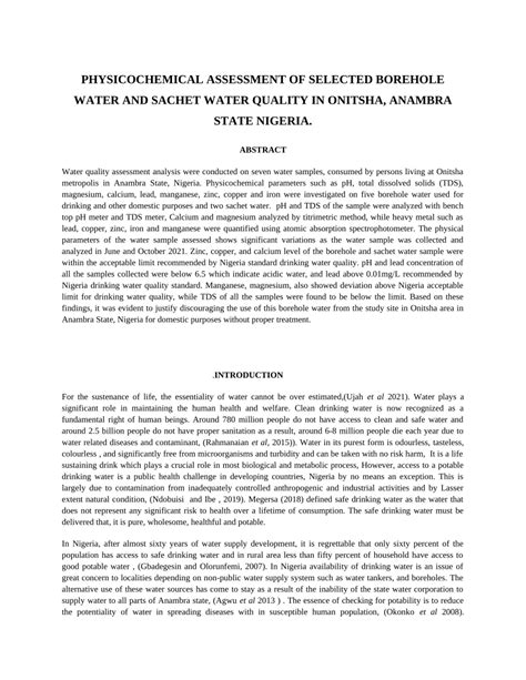 Pdf Physicochemical Analysis Of Selected Water Sample In Onitsha