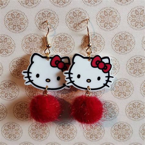 Hello Kitty Dangle Drop Earrings Fluffy Red Pom Poms Etsy