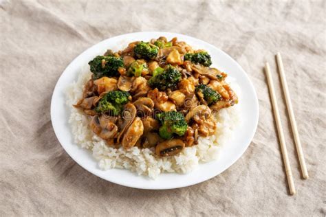 Homemade Chicken Veggie Stir Fry with White Rice, Side View Stock Image ...