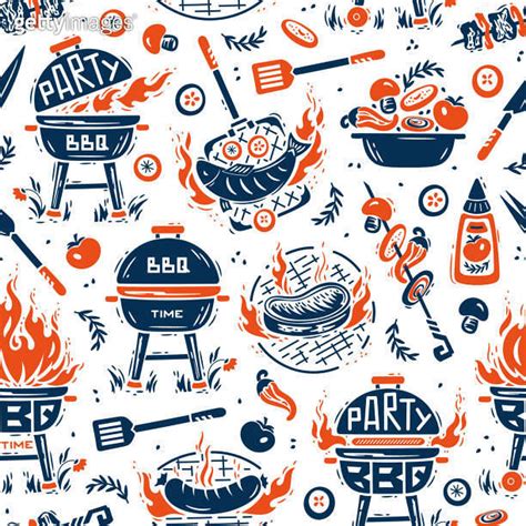 Bbq Time Vector Seamless Food Pattern Of Portable Charcoal Grill And