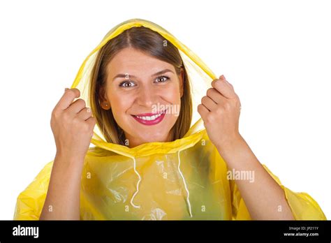 Picture Of Attractive Caucasian Woman Wearing A Yellow Raincoat Posing