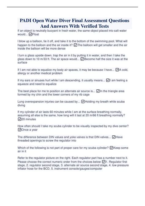 padi open water diver final assessment questions  answers