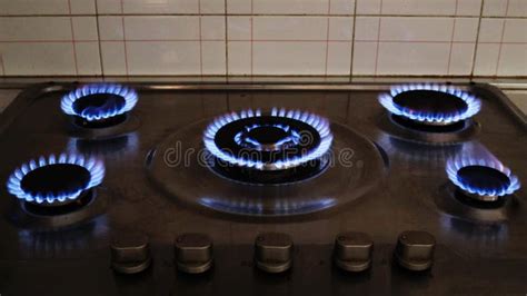 Gas Cooker With Burning Flames Of Gas Domestic Kitchen With Blue Flames Burning Stock Footage