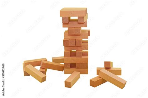 Ruined Tower Made Of Brown Rectangular Bars Board Game Jenga Tower