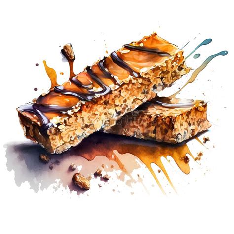 Watercolor Illustration of a Granola Bar with Chocolate and Caramel ...