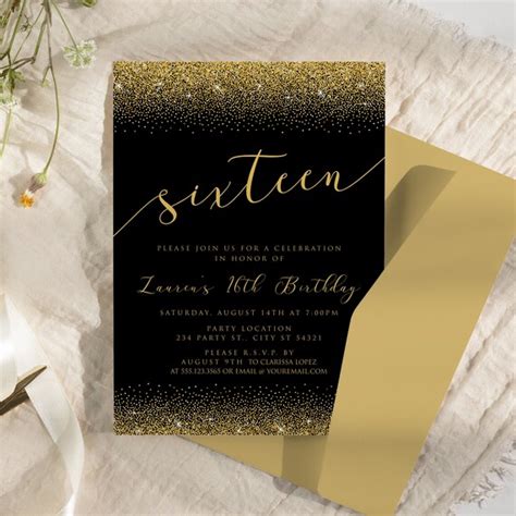 Gold And Black Invitations Sweet Sixteen Invitation Gold Glitter Invite