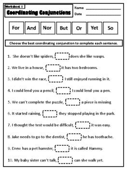 Coordinating Conjunctions - FANBOYS - 10 Worksheets by Ms Presto