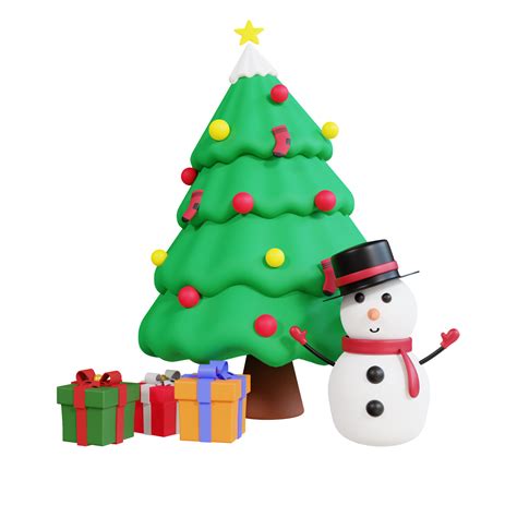 3d christmas tree, gift box and snowman with transparent background ...