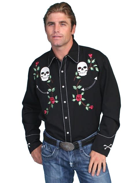 Pungo Ridge Scully Mens Black Shirt W Skull And Rose Embroidery Mens