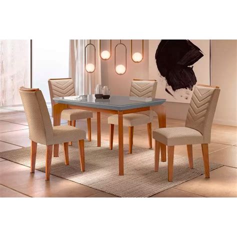 Conjunto Mesa Sala Jantar Londrina Tampo Madeirado C Vidro 120cm 4