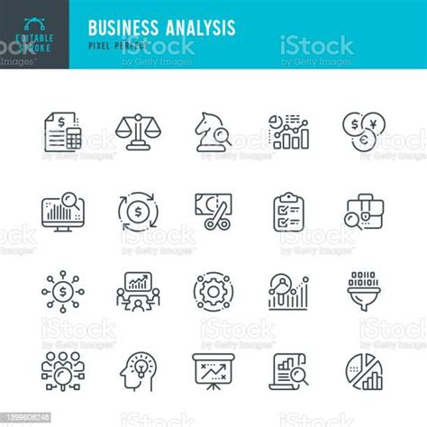 비즈니스 분석 라인 벡터 아이콘 세트 픽셀 완벽한 편집 가능한 스트로크 세트에는 포트폴리오 분석 균형 예산 솔루션 재무 보고서