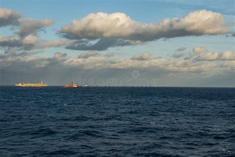 Sunset A Beautiful Day High Seas Boat Working In The Oil Area Stock