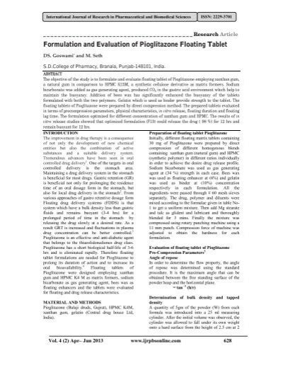 Formulation And Evaluation Of Pioglitazone Floating Tablet