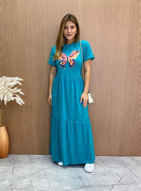 Vestido Longo De Malha Estampa Borboleta Fernanda Ramos