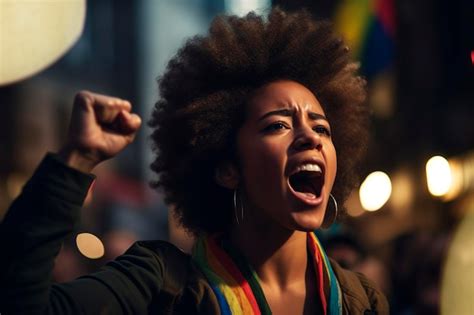 Chica negra gritando con el puño levantado en un orgullo gay