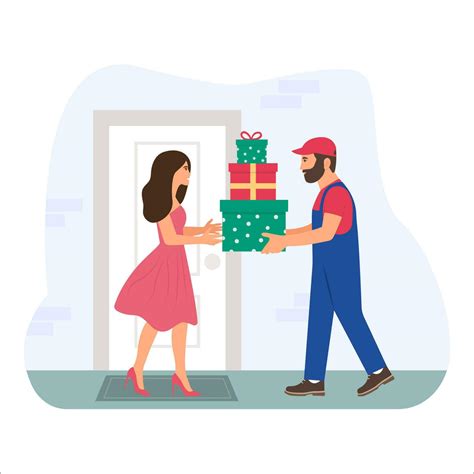 Fast Delivery Service Man Giving Box To Customer Door Woman Receiving