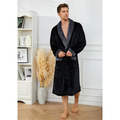 U2skiin Men S Fleece Robe Plush Collar Long Flannel Small Medium Black Dark Grey