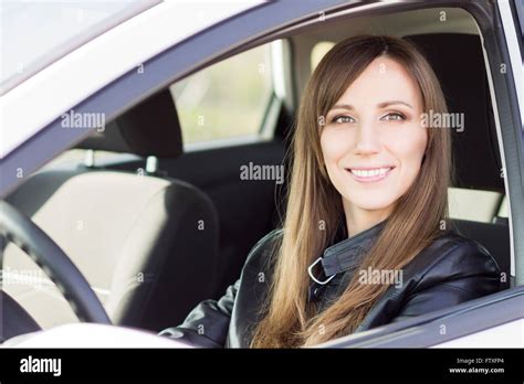 Young Confident Car Driver Woman Steering Wheel Happy Caucasian Girl