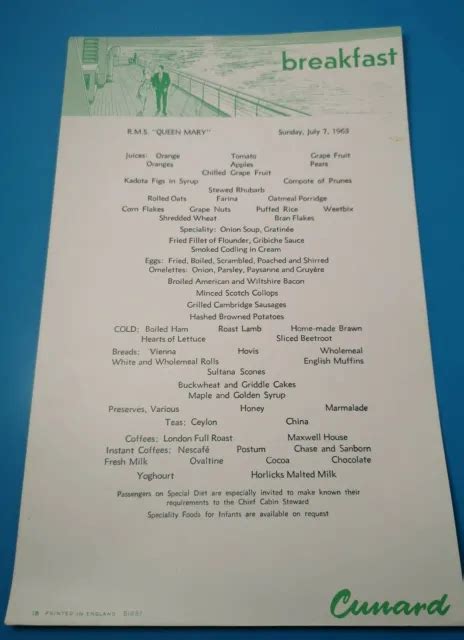 Rare Rms Queen Mary Cunard White Star Line Breakfast Menu July Th