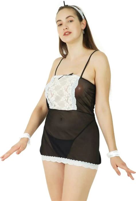 SSoShHub Women Black White Self Design Satin Blend Baby Doll Lingerie